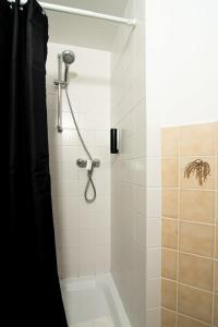 uma casa de banho com chuveiro e cortina de chuveiro em Great Three Bedroom Apartment em Hamburgo