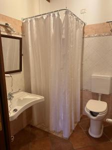 La salle de bains est pourvue d'un rideau de douche blanc et de toilettes. dans l'établissement La corte dell'ulivo, à Polazzo