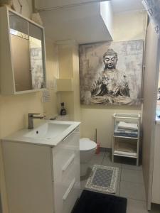a bathroom with a painting of a monkey on the wall at Small apartments in Lamone in Lamone