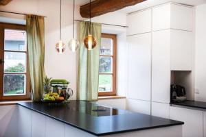 Kuchyň nebo kuchyňský kout v ubytování Traumhaftes Chalet mit Sauna und Whirlpool Refugium am Rehberg