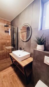 een badkamer met een witte wastafel en een spiegel bij Villa Minerva Zadar in Murvica