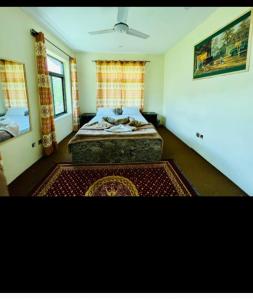 a bedroom with a bed and a rug at Hunza Hilton Hotel Gilget Baltestan in Gilgit