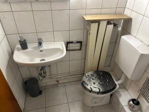 Baño pequeño con lavabo y aseo en Monteurwohnung Haus Elbert Hagen 2, en Hagen