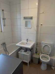Baño pequeño con lavabo y aseo en MK Apartments Delmenhorst 3, en Delmenhorst
