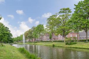 鹿特丹的住宿－Cozy Corner in Rotterdam，一条河,在房子前面,有一个喷泉