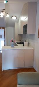 a kitchen with white cabinets and a counter top at Apartments Skiljan in Crikvenica +71 photos