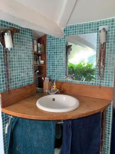 La salle de bains est pourvue d'un lavabo et d'un miroir. dans l'établissement Duplex avec Terrasse proche JO, à Le Pré-Saint-Gervais