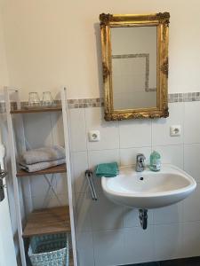 uma casa de banho com lavatório, espelho e prateleiras em Tegernseele em Gmund am Tegernsee
