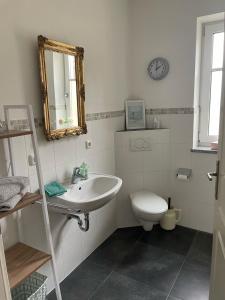 uma casa de banho com um lavatório, um WC e um espelho. em Tegernseele em Gmund am Tegernsee