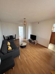 a living room with a couch and a tv at Great room Saint-Denis (near Paris) in Saint-Denis