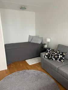 sala de estar con sofá gris y almohadas en Yksiö Pispalassa en Tampere