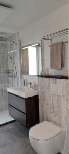 a bathroom with a toilet and a sink and a shower at Antonius Hoeve Chalets in Oudenbosch