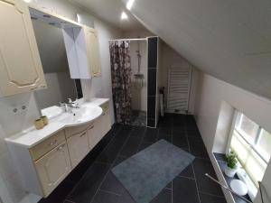 a bathroom with a sink and a shower at Ferienwohnung Auszeit 65354 in Moormerland