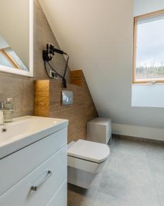 a bathroom with a toilet and a sink and a window at RentPlanet - Apartamenty Schroniskowa in Szklarska Poręba