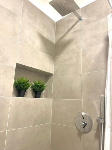 eine Dusche mit drei Topfpflanzen im Bad in der Unterkunft I Marmi New Royal Design Apartment in Livorno