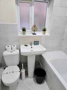 a bathroom with a toilet and a sink and a tub at Tudors eSuites Budget Apartments in Birmingham