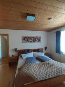 a bedroom with a large bed with a wooden ceiling at Haus Schatzl mit Gartenanteil und Bademöglichkeit im Fluss in Bad Aussee