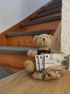 um urso de peluche sentado em cima de uma mesa em Haus Schatzl em Bad Aussee
