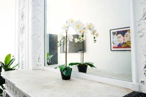 a vase with white flowers on a table in front of a mirror at Stylish Studio in Historic Boston - Unit #209 in Boston
