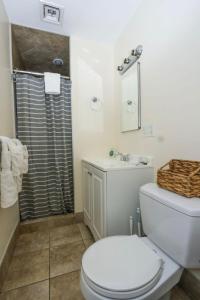a white bathroom with a toilet and a shower at Stylish Apartment in Malden 20 Min from Boston #2 in Malden