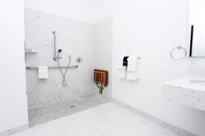 bagno bianco con doccia e lavandino di Modern Studio in Historic Boston - Unit #102 a Boston