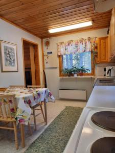 cocina con mesa, fogones y ventana en Holiday Home Samanitieva, en Enontekiö