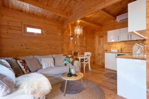 ein Wohnzimmer mit einem Sofa und einer Küche in der Unterkunft The Sea Lodge in Zandvoort