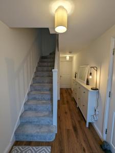 una escalera en una casa con una alfombra azul en Stunning Super Kingsize Room - Cheltenham Festival, en Cheltenham