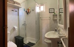 ein Bad mit einer Dusche, einem WC und einem Waschbecken in der Unterkunft Casa do Arco in Arco da Calheta