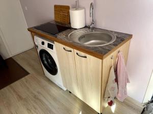 a bathroom with a sink and a washing machine at Small & Cozy Studio Apartment - WiFi & Free Parking in Rapla