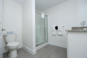 ein weißes Bad mit einem WC und einer Dusche in der Unterkunft Luxury Apartment w Office & Gym in Peabody