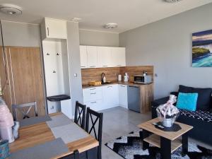 a kitchen and living room with a table and a couch at Apartamenty u Aleksandry in Ustronie Morskie