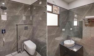 two pictures of a bathroom with a toilet and a sink at FabExpress Pravi Inn in Lucknow