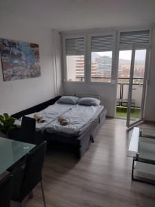 1 dormitorio con cama, mesa y ventanas en Kilátó Apartman, en Tapolca