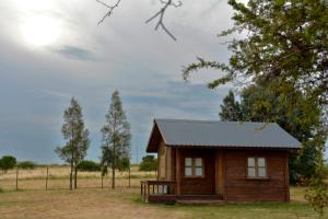 eine kleine Holzhütte auf einem Feld mit Bäumen in der Unterkunft Cabañas Los Piamonteses Cosmopolita in Juan L. Lacaze