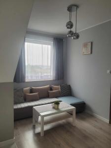 uma sala de estar com um sofá e uma mesa em Apartament Słowińców 52 em Wejherowo