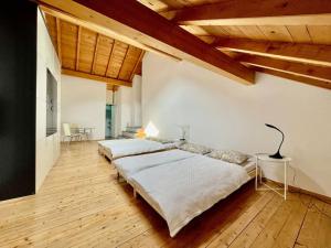 ein großes Schlafzimmer mit 2 Betten und Holzdecken in der Unterkunft Grosszügige Dachwohnung in Tessiner Altbau in Monte Ceneri