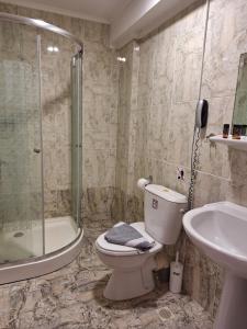 a bathroom with a toilet and a sink and a shower at Perla Beach in Agia Marina Nea Kydonias