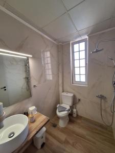 a bathroom with a sink and a toilet and a window at Perla Beach in Agia Marina Nea Kydonias