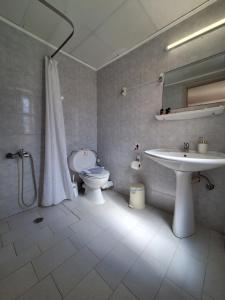 a bathroom with a sink and a toilet at Perla Beach in Agia Marina Nea Kydonias