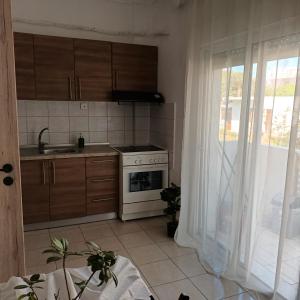 uma cozinha com um fogão, um lavatório e uma janela em Olga's Studios Apartment3 em Michaniona
