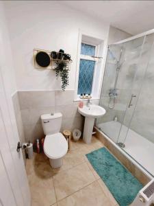 a bathroom with a toilet and a sink and a shower at COSY AND PRIVATE HOUSE CLOSE TO TOWN in Manchester