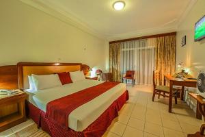 Hotel Chez Lando في كيغالي: غرفة فندقية فيها سرير ومكتب وتلفزيون
