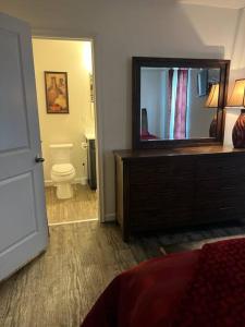 a bedroom with a dresser with a mirror and a toilet at Cozy Nest: Where Love Blossoms in Nashville