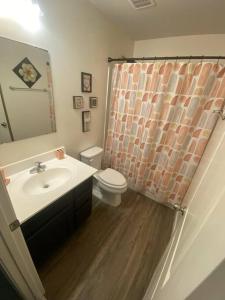a bathroom with a sink and a toilet and a shower curtain at Cozy Nest: Where Love Blossoms in Nashville