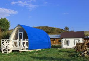 a blue dome tent in a field next to a house at Glamping Eco Valley in Shahumyan