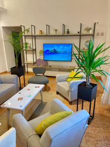 Patagonia Apartment في تريليو: غرفة معيشة مع كنب وتلفزيون بشاشة مسطحة
