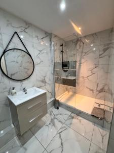 La salle de bains blanche est pourvue d'une douche et d'un lavabo. dans l'établissement Coeur de vigne de standing, à Chenôve