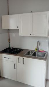 een keuken met witte kasten en een wastafel bij UrbannestApartments/Lip2/7 in Katowice