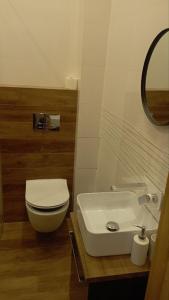 a bathroom with a white toilet and a sink at UrbannestApartments/Lip2/7 in Katowice